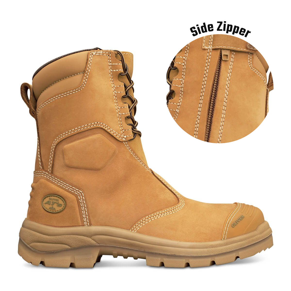 Oliver 200mm Hi-Leg Wheat Zip Sided Safety Boots 55-385 with side zipper detail for easy access and durable leather construction for heavy-duty use.
