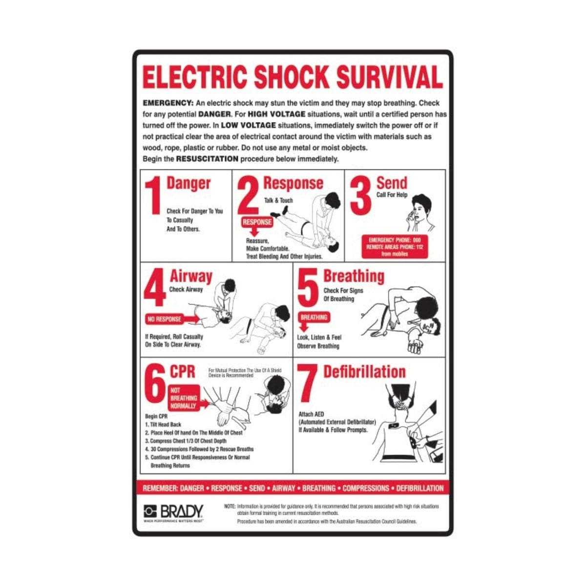 Electrical Shock Survival Sign with emergency response steps