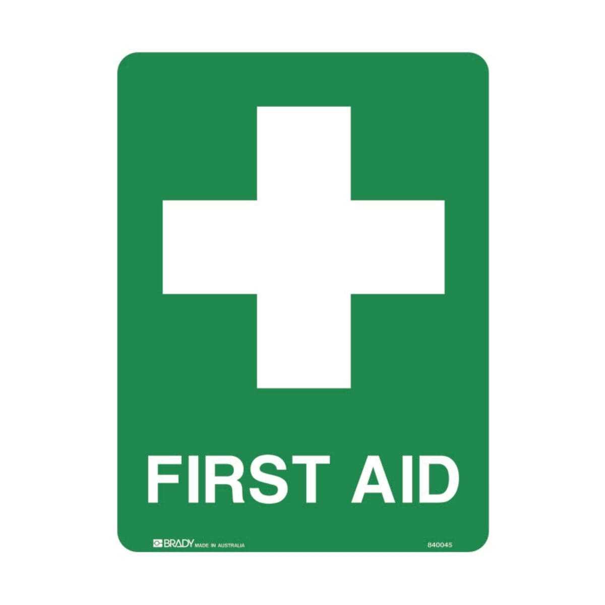 First Aid safety sign with green background and white cross symbol