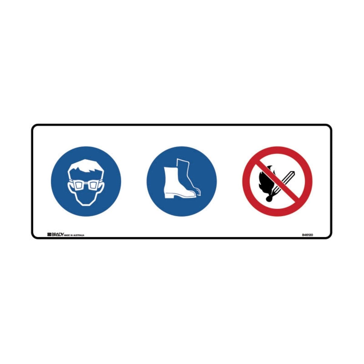 Eye, foot protection, no flames sign