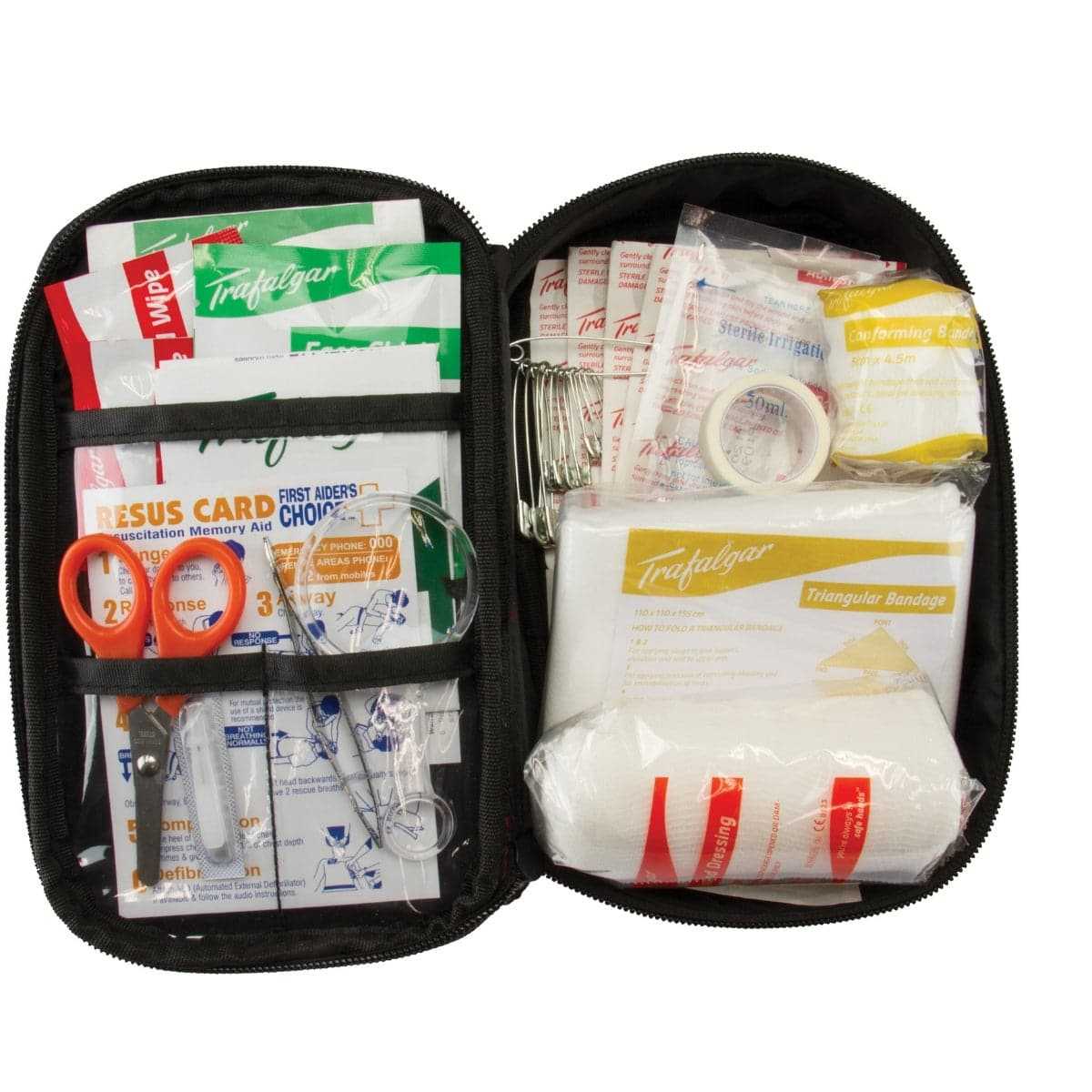 Open vehicle first aid kit with supplies