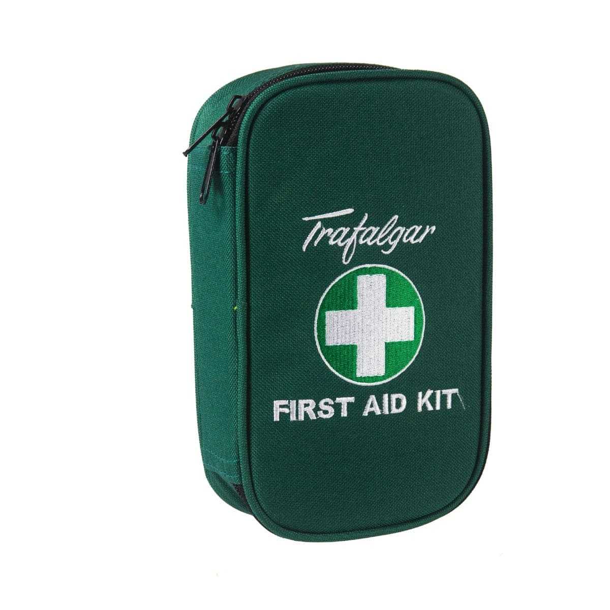 Closed green first aid kit with logo