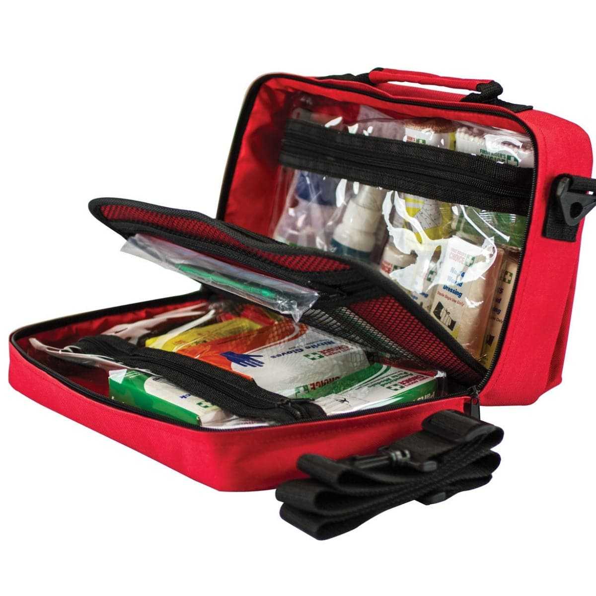 Portable first aid kit open with supplies