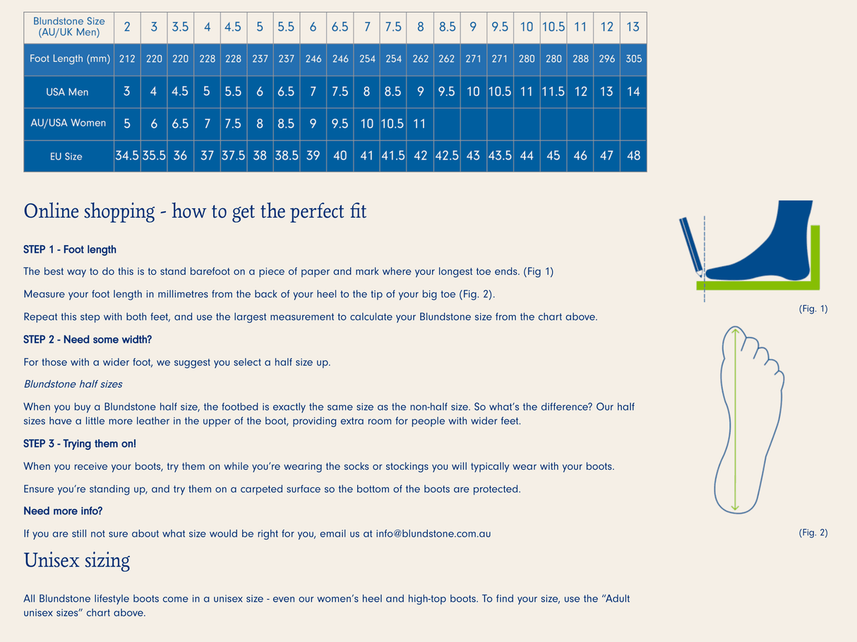 Blundstone sizing guide for gumboots