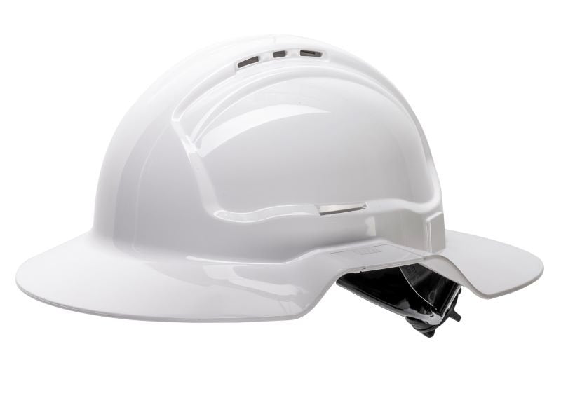 Maxisafe White Broad Brim Vented Hard Hat - Ratchet Harness