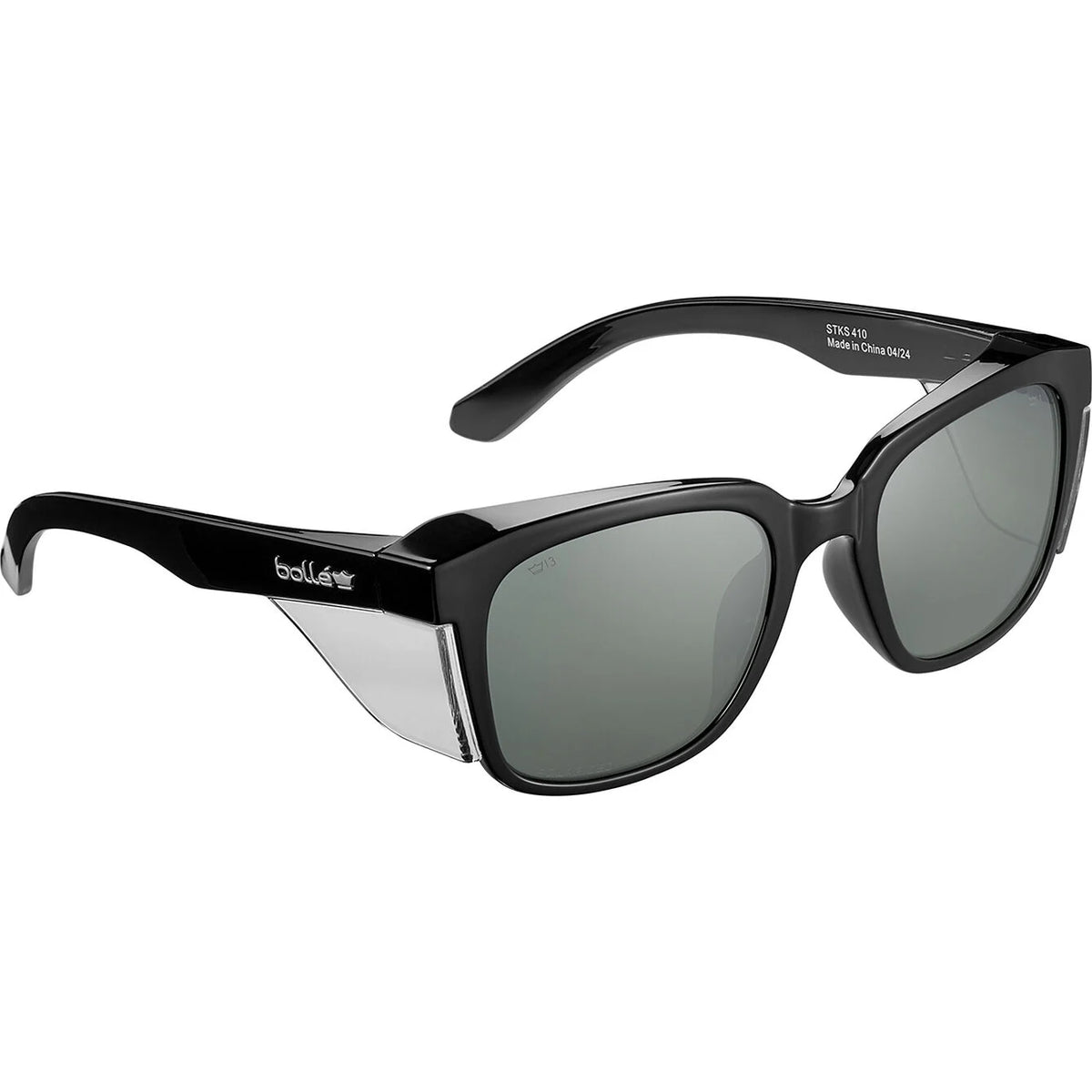 Black sunglasses with a white stripe on a white background