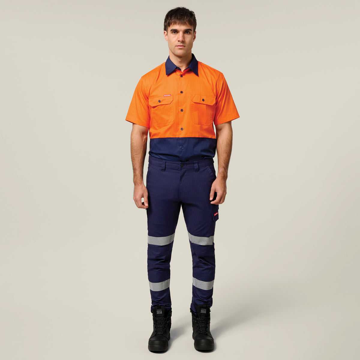 Hard Yakka Koolgear Core Hi-Vis Lightweight Vented Short Sleeve Cotton Shirt Y04620 in Orange/Navy