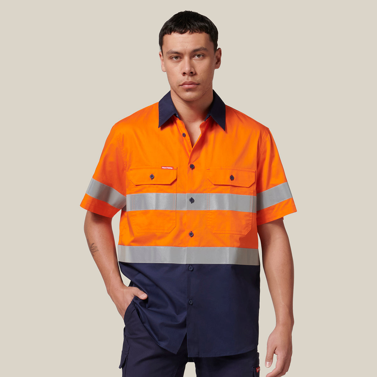 Hard Yakka Koolgear Short Sleeve Hi-Vis 2 Tone Taped Vented Shirt Y07754 in Orange/Navy