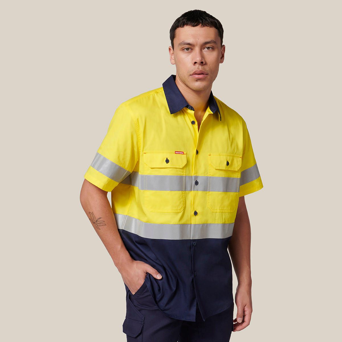 Hard Yakka Koolgear Short Sleeve Hi-Vis 2 Tone Taped Vented Shirt Y07754 in Yellow/Navy