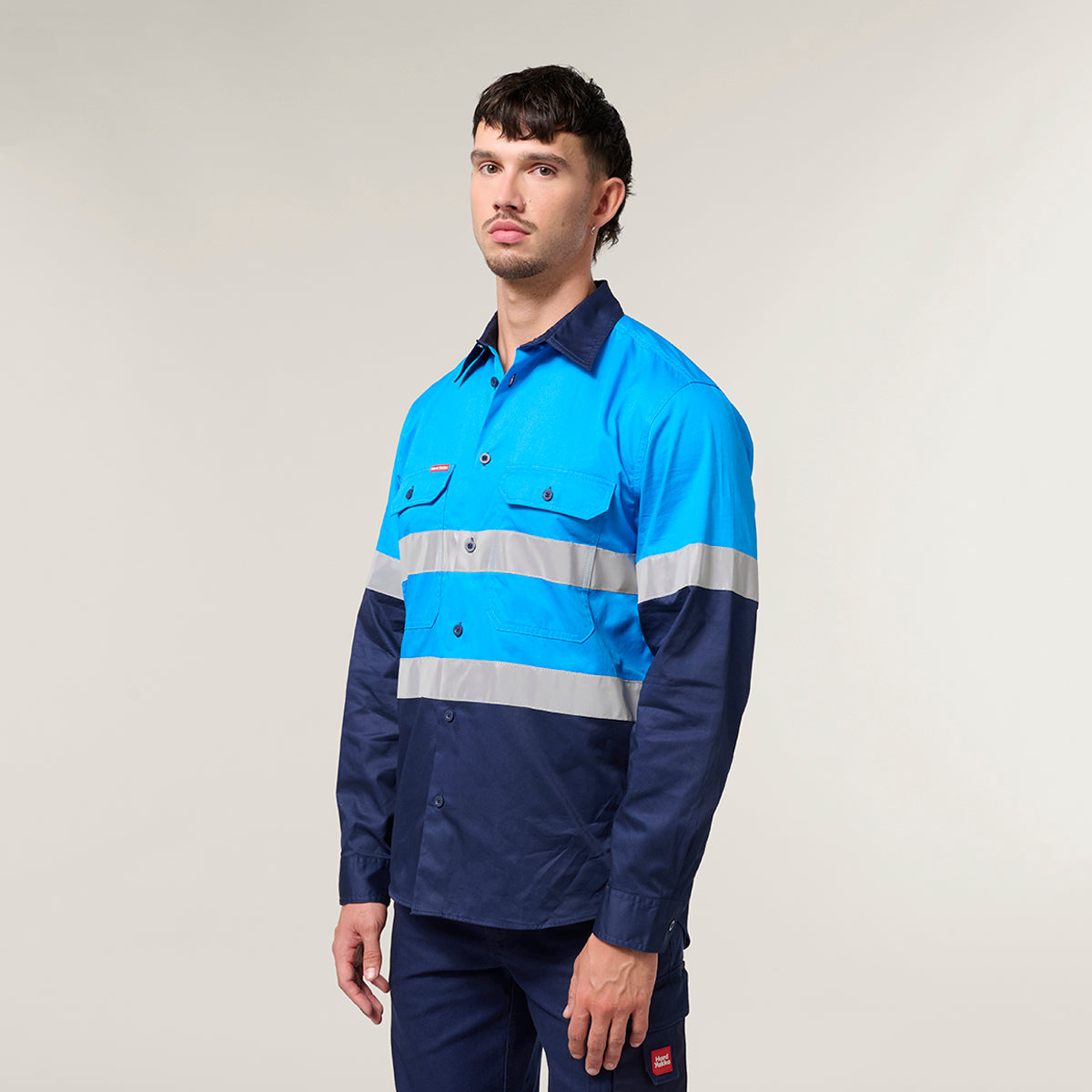 Hard Yakka Koolgear Core Long Sleeve Lightweight Spliced Taped Vented Drill Shirt Y07910 in Blue/Navy