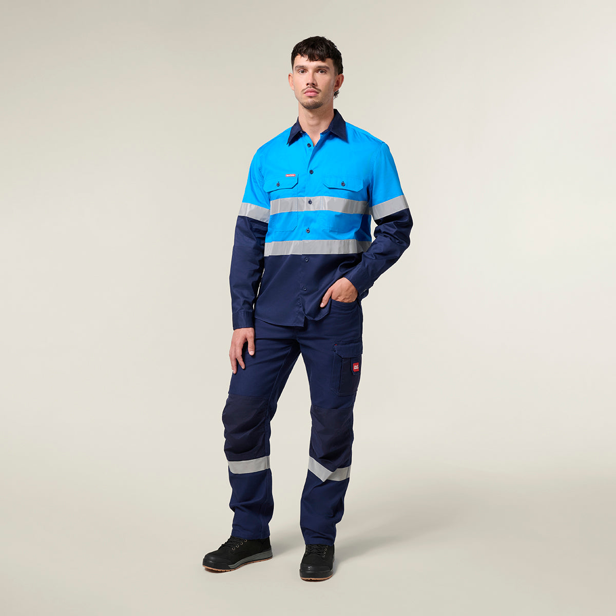 Hard Yakka Koolgear Core Long Sleeve Lightweight Spliced Taped Vented Drill Shirt Y07910 in Blue/Navy