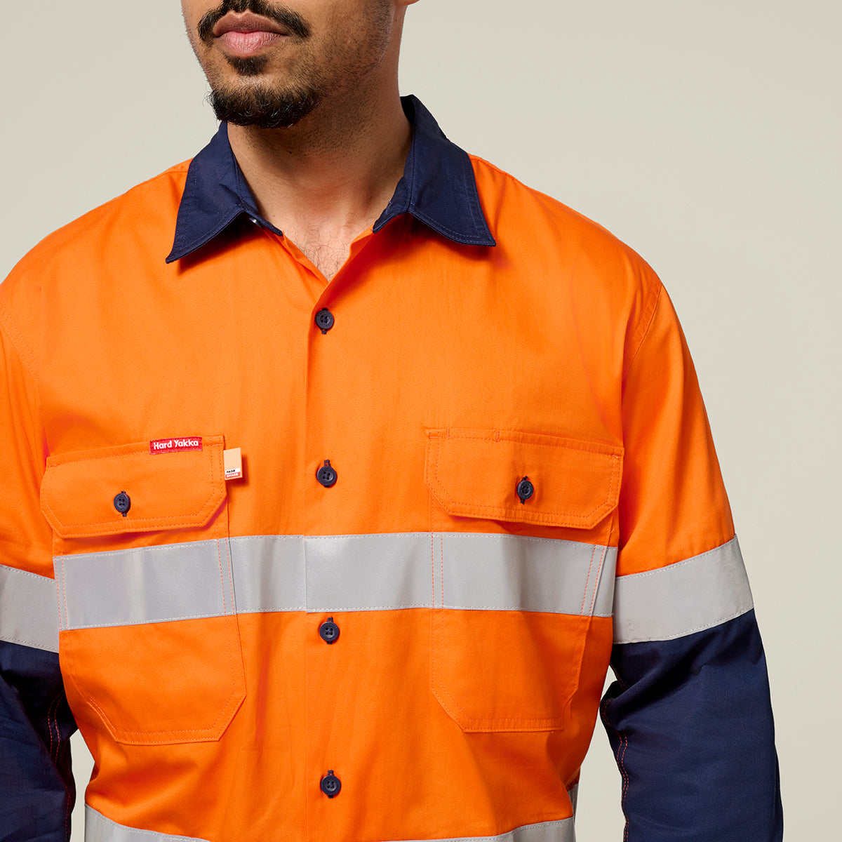 Hard Yakka Koolgear Core Hi-Vis 2 Tone Vented Taped Long Sleeve Cotton Shirt Y07978 in Orange/Navy