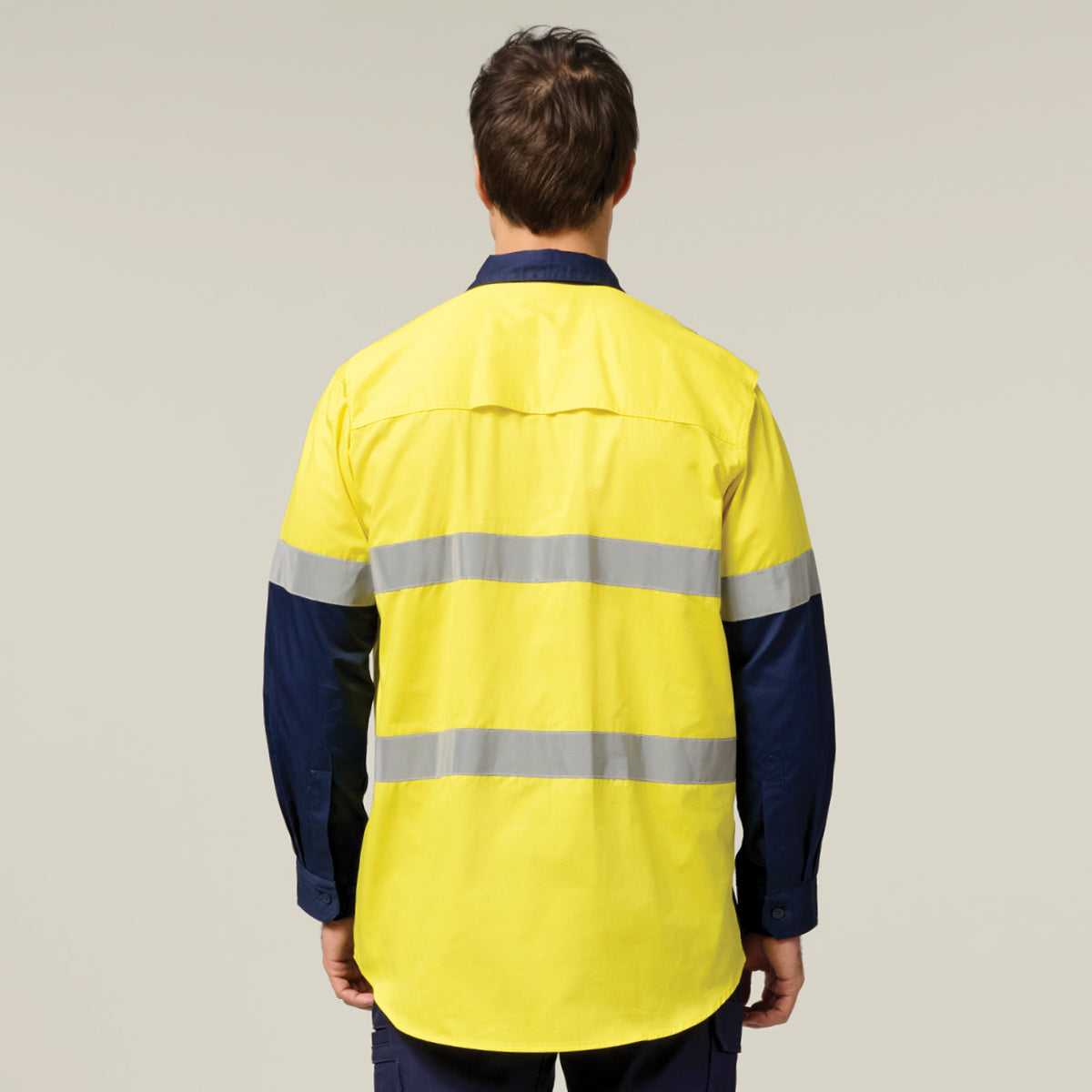 Hard Yakka Koolgear Core Hi-Vis 2 Tone Vented Taped Long Sleeve Cotton Shirt Y07978 in Yellow/Navy