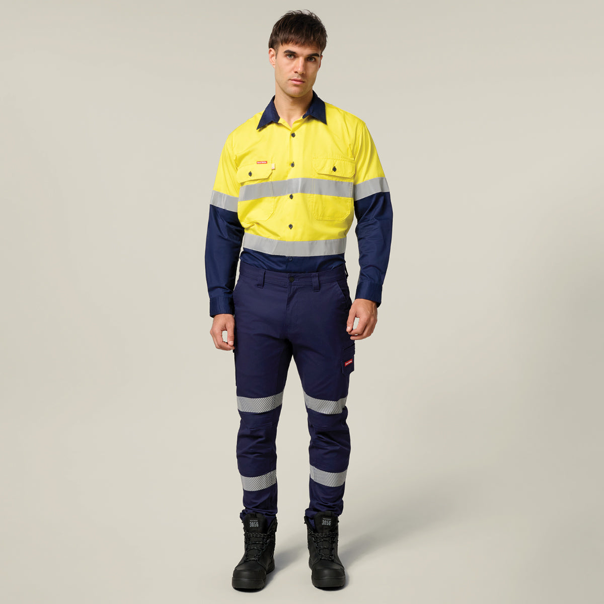 Hard Yakka Koolgear Core Hi-Vis 2 Tone Vented Taped Long Sleeve Cotton Shirt Y07978 in Yellow/Navy
