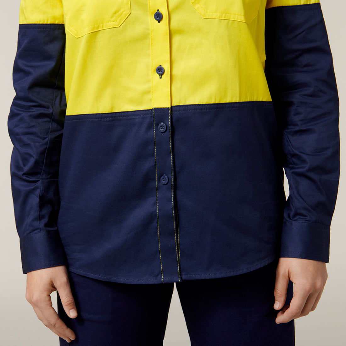 Hard Yakka Women's Koolgear Core 2 Tone Hi-Vis Vented Long Sleeve Shirt Y08225 in Yellow/Navy