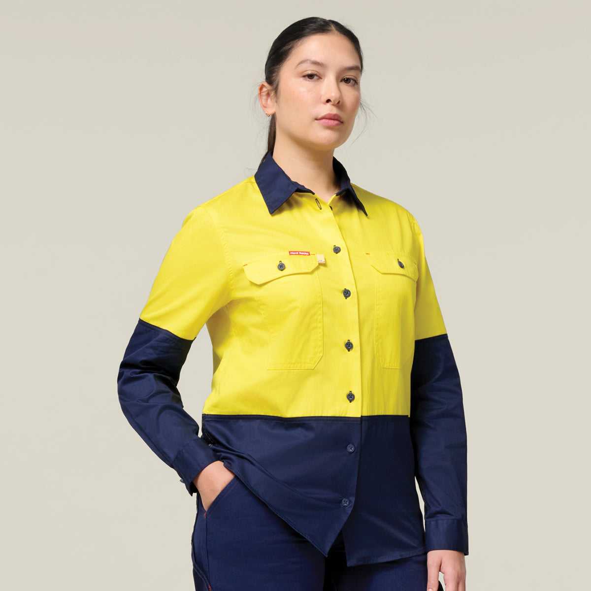 Hard Yakka Women's Koolgear Long Sleeve Hi-Vis 2 Tone Vented Shirt Y08423 in Yellow/Navy