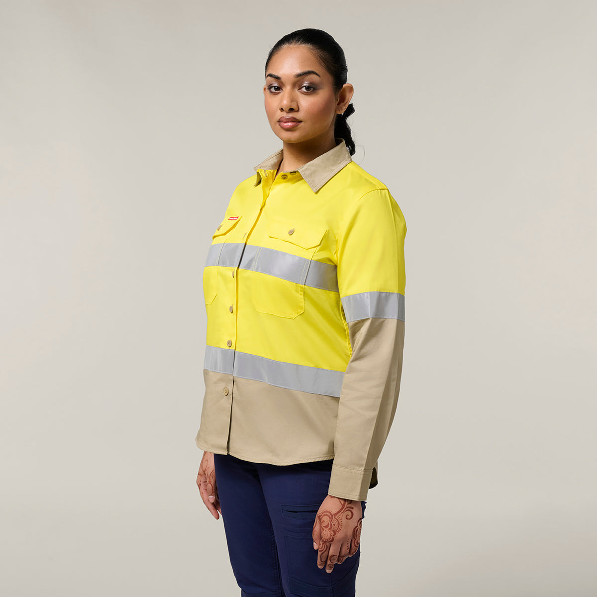 Hard Yakka Women's Koolgear Hi-Vis Lightweight 2 Tone Taped Long Sleeve Shirt Y08805 in Yellow/Khaki