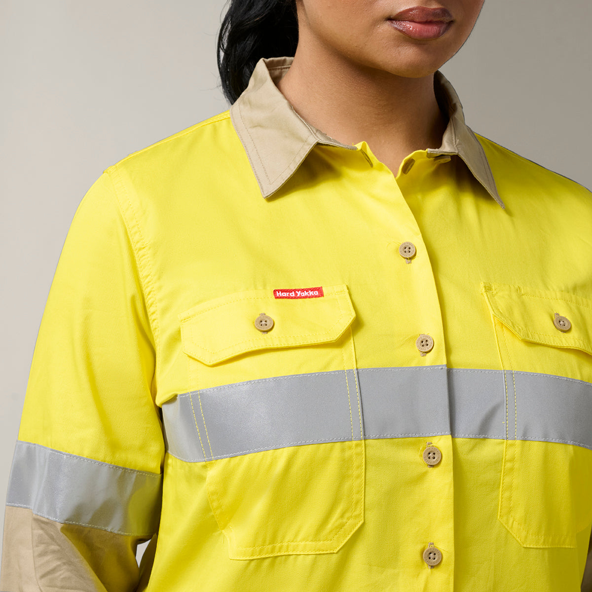 Hard Yakka Women's Koolgear Hi-Vis Lightweight 2 Tone Taped Long Sleeve Shirt Y08805 in Yellow/Khaki