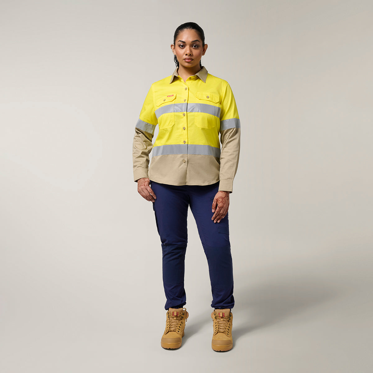 Hard Yakka Women's Koolgear Hi-Vis Lightweight 2 Tone Taped Long Sleeve Shirt Y08805 in Yellow/Khaki