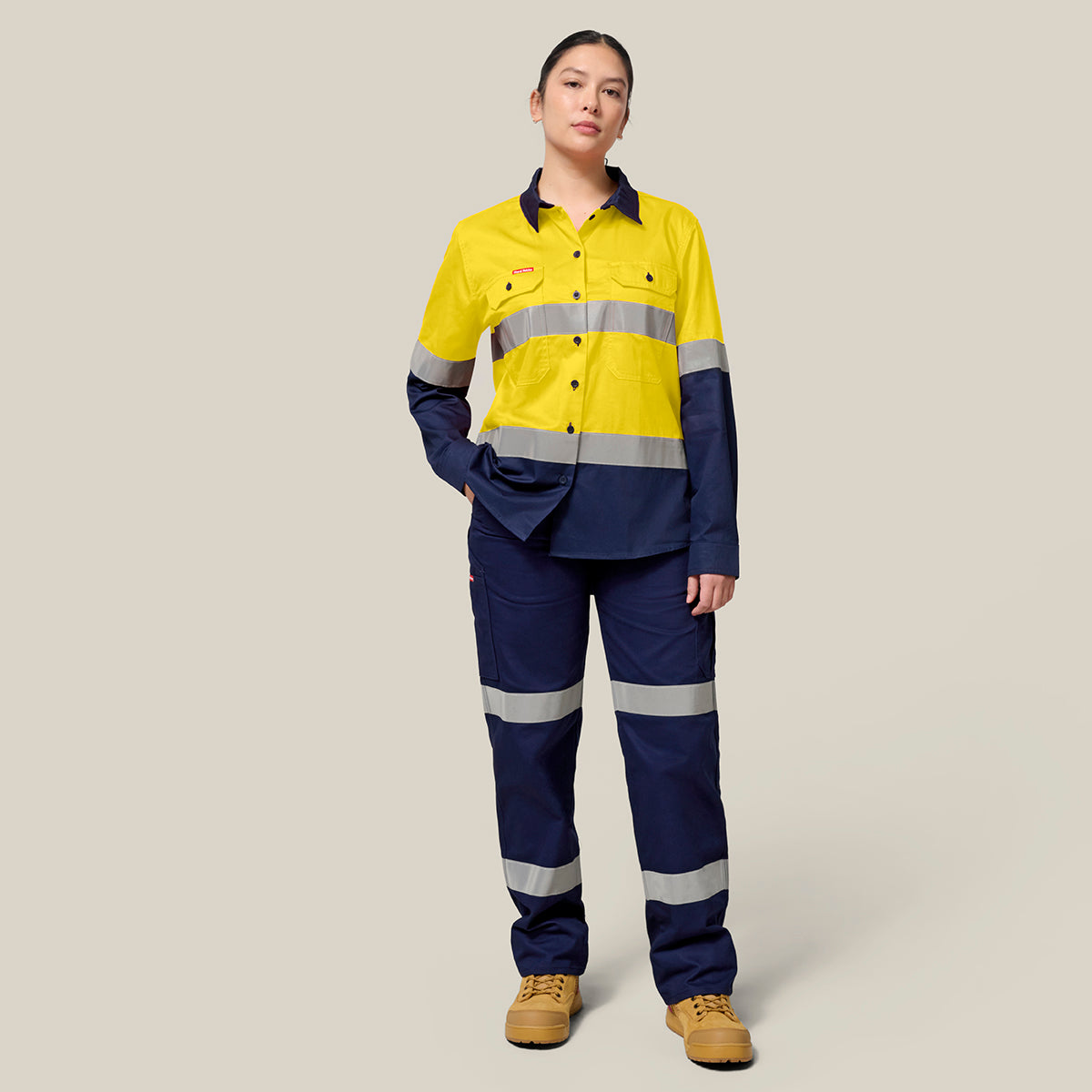 Hard Yakka Women's Koolgear Hi-Vis Lightweight 2 Tone Taped Long Sleeve Shirt Y08805 in Yellow/Navy