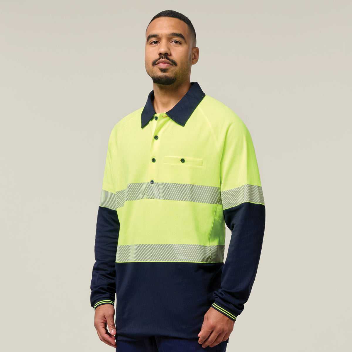 Hard Yakka Koolgear Core Hi-Vis 2 Tone Taped Vented Long Sleeve Polo Y11379 in Yellow/Navy