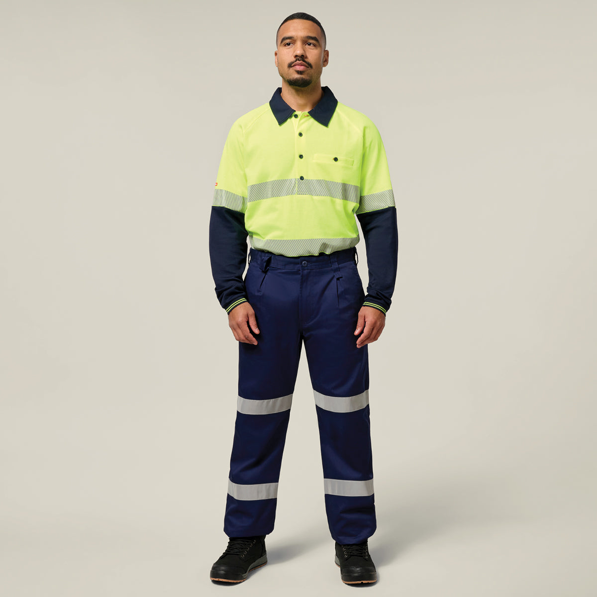 Hard Yakka Koolgear Core Hi-Vis 2 Tone Taped Vented Long Sleeve Polo Y11379 in Yellow/Navy