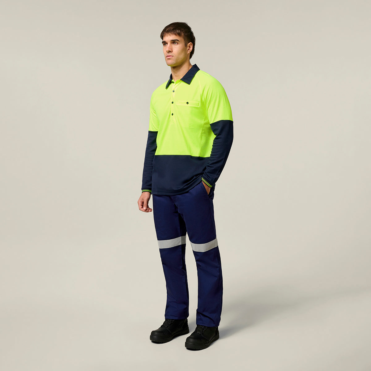 Hard Yakka Koolgear Core Hi-Vis 2 Tone Vented Long Sleeve Polo Y11389 in Yellow/Navy