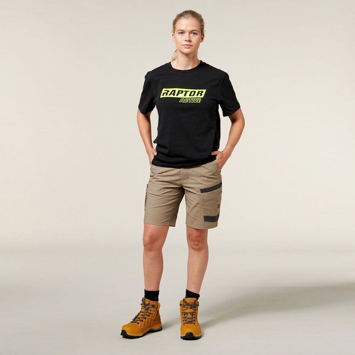 Hard Yakka Women's Raptor Mid Short Y08228 with t-shirt