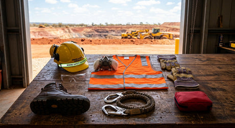 Mining PPE flat lay - hard hat, respirator, gloves, hi-vis vest, safety boots and harness lanyard at an open-cut mine site