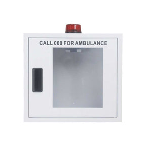 AED cabinet with alarm and strobe front view
