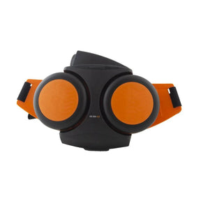 Sundstrom AS500 EX respirator with black and orange headgear and dual air filters
