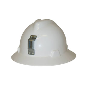 Rear view of MSA V-Gard hard hat with metal lamp bracket
