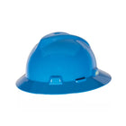 Blue full brim hard hat with push-key suspension for head protection