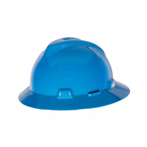 Blue full brim hard hat with push-key suspension for head protection
