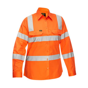 High visibility orange women's work shirt with reflective stripes
