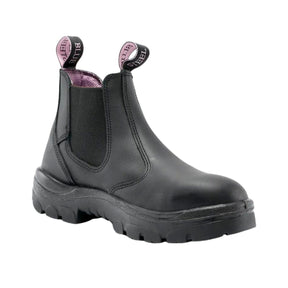 Black women's safety boot with elastic sides and steel toe cap