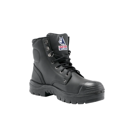 Black boot with a brand logo on a white background