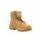 A single tan lace-up work boot with a rubber toe cap and sole, shown on a plain white background. A small red, white, and blue logo patch is visible on the tongue.