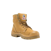 A single tan lace-up work boot with a rubber toe cap and sole, shown on a plain white background. A small red, white, and blue logo patch is visible on the tongue.