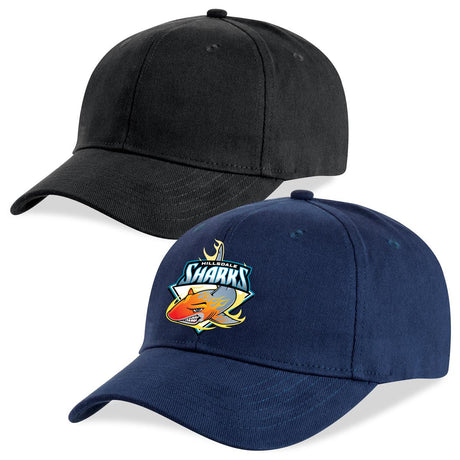 Black and navy blue baseball caps with a logo on a white background