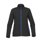 Black women's softshell jacket with blue zippers