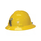 Yellow full brim hard hat with metal lamp bracket
