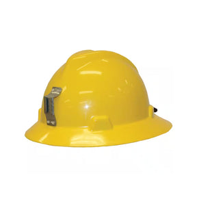 Yellow full brim hard hat with metal lamp bracket