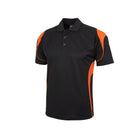 JB'S Podium Bell polo shirt in Black/Orange, front view close-up