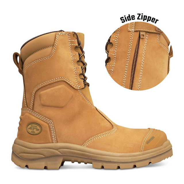 Oliver 200mm Hi-Leg Wheat Zip Sided Safety Boots 55-385 with side zipper detail for easy access and durable leather construction for heavy-duty use.