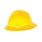 Yellow safety hard hat with full brim for head protection in construction