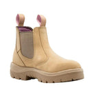 Beige women's safety boot with elastic sides and pink pull tabs