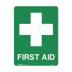 First Aid safety sign with green background and white cross symbol