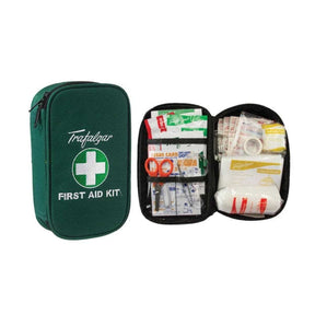Green first aid kit open with contents displayed