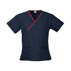 Biz Care Women's Contrast Crossover Scrubs Top H10722 in navy with pink